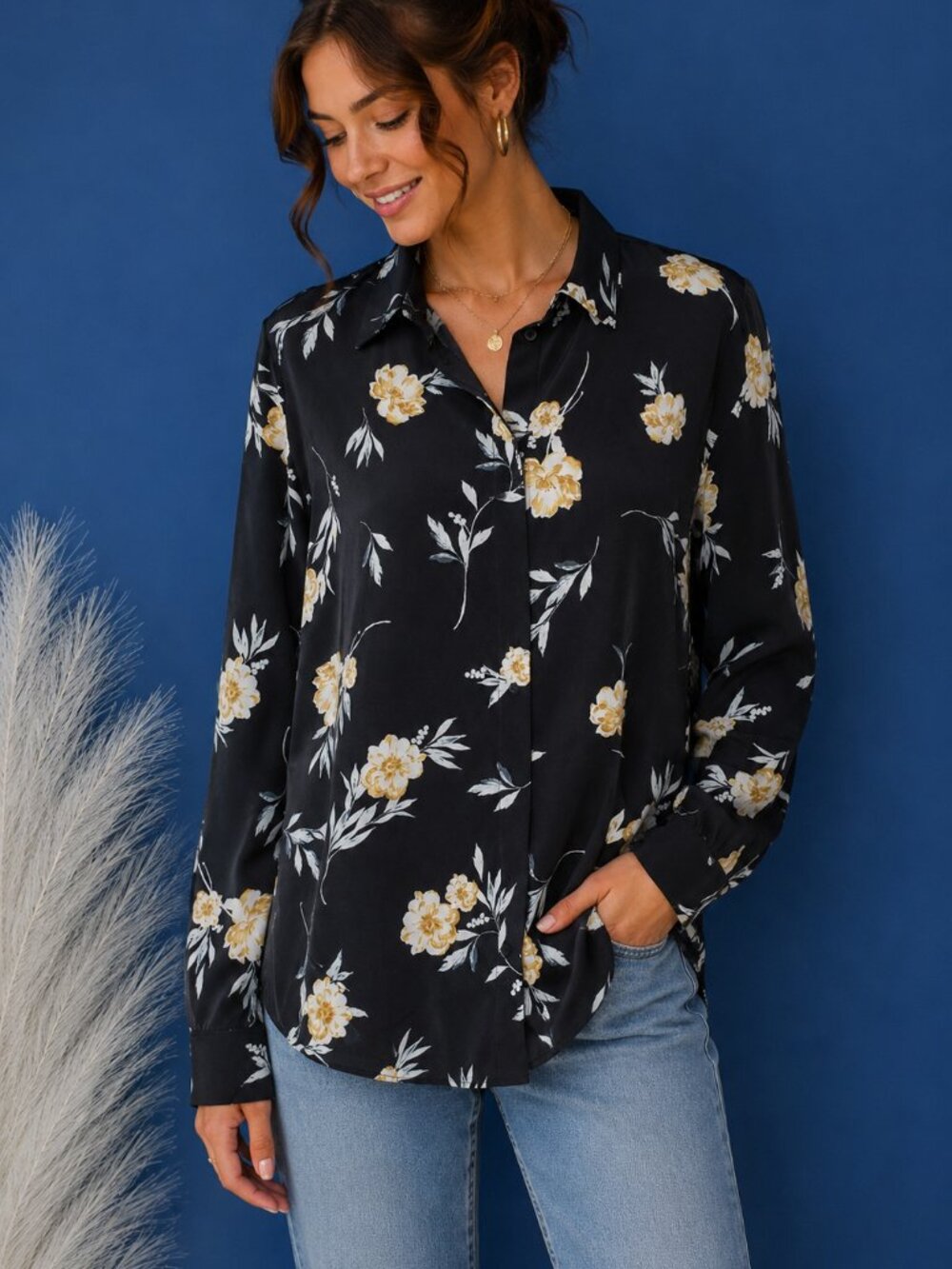 H&M Women's Floral Button Front Blouse Black Yellow Long Sleeve Size 8
